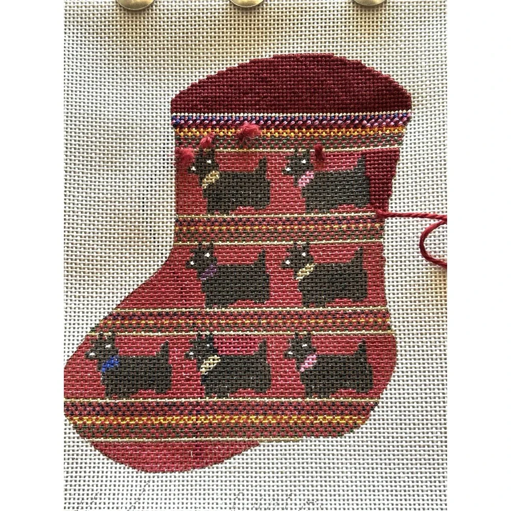 Needlepoint Canvas Handpainted Elizabeth Turner Scotties Mini Stocking Started